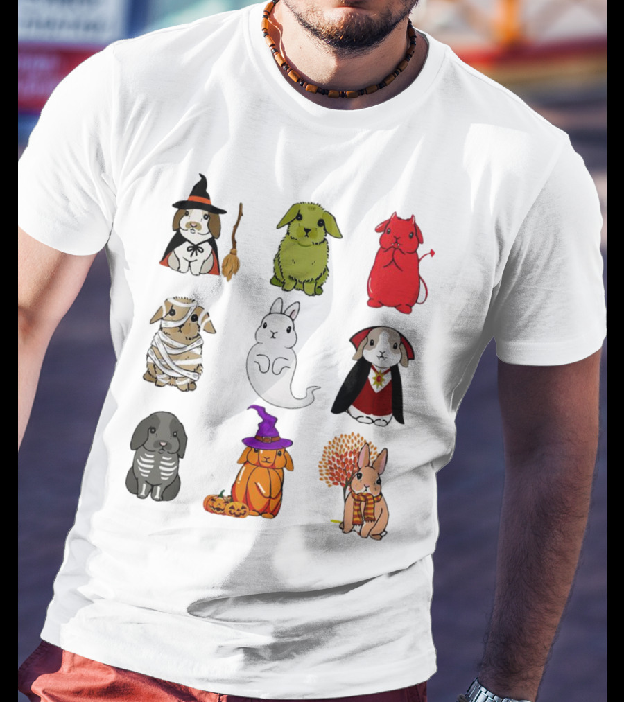 Bunny Witch Mummy Ghost Vampire Skeleton Pumpkin Bat Cute Halloween T-Shirt