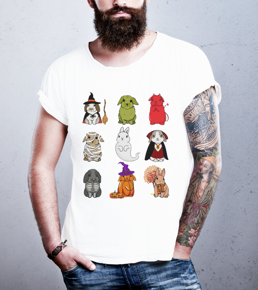 Bunny Witch Mummy Ghost Vampire Skeleton Pumpkin Bat Cute Halloween T-Shirt