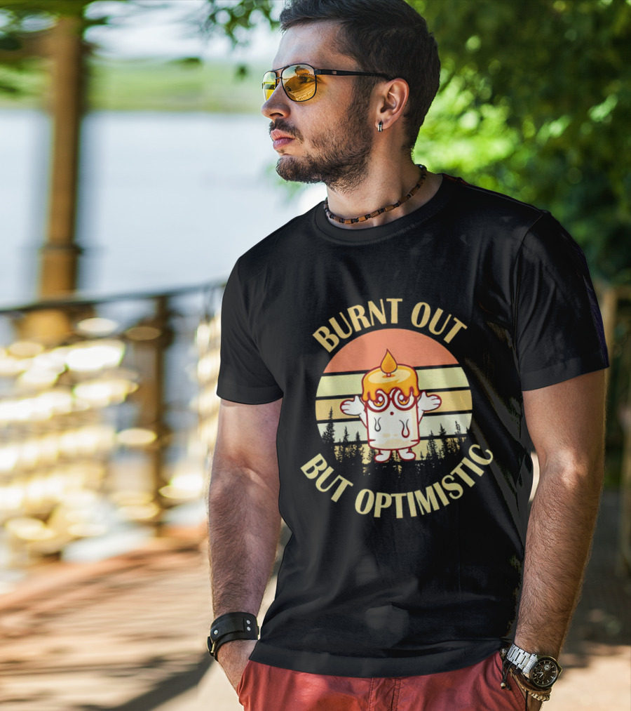 Burnt Out But Optimistic Vintage Candle Cartoon Forest Sunset T-Shirt