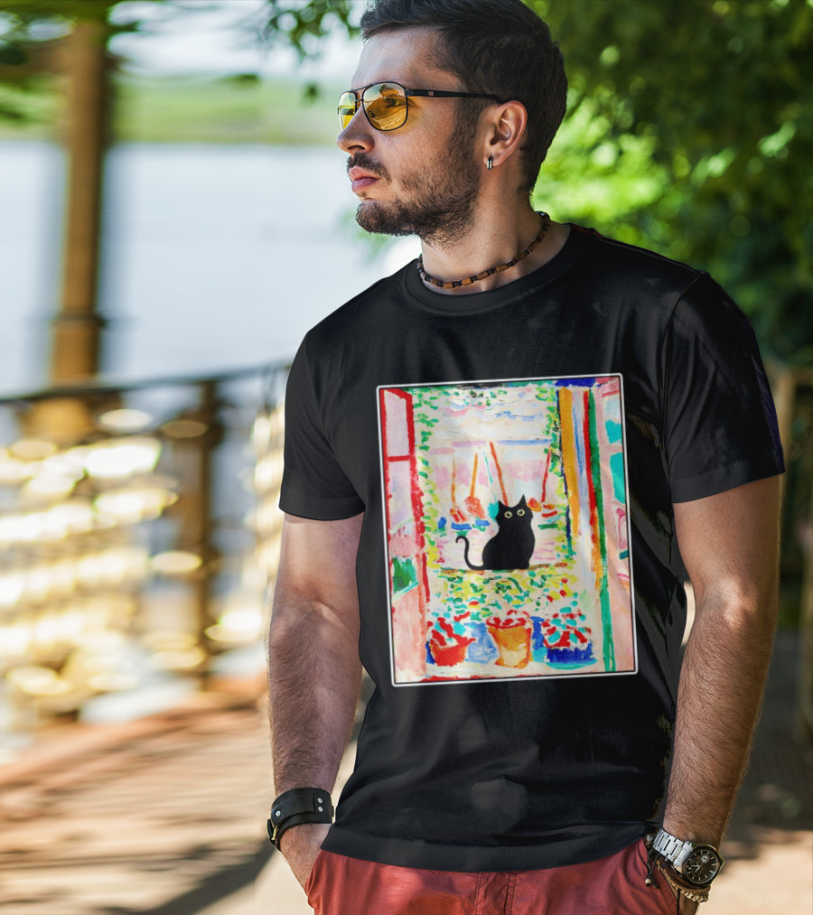 Black Cat In Vibrant Open Window Scene With Colorful T-Shirt