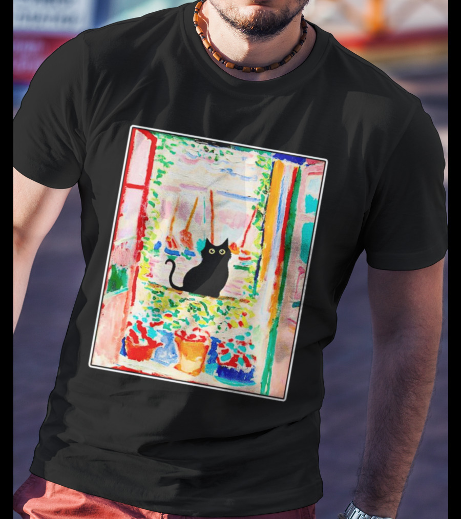 Black Cat In Vibrant Open Window Scene With Colorful T-Shirt