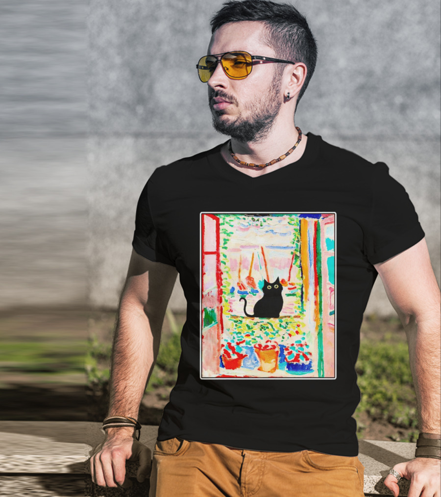 Black Cat In Vibrant Open Window Scene With Colorful T-Shirt