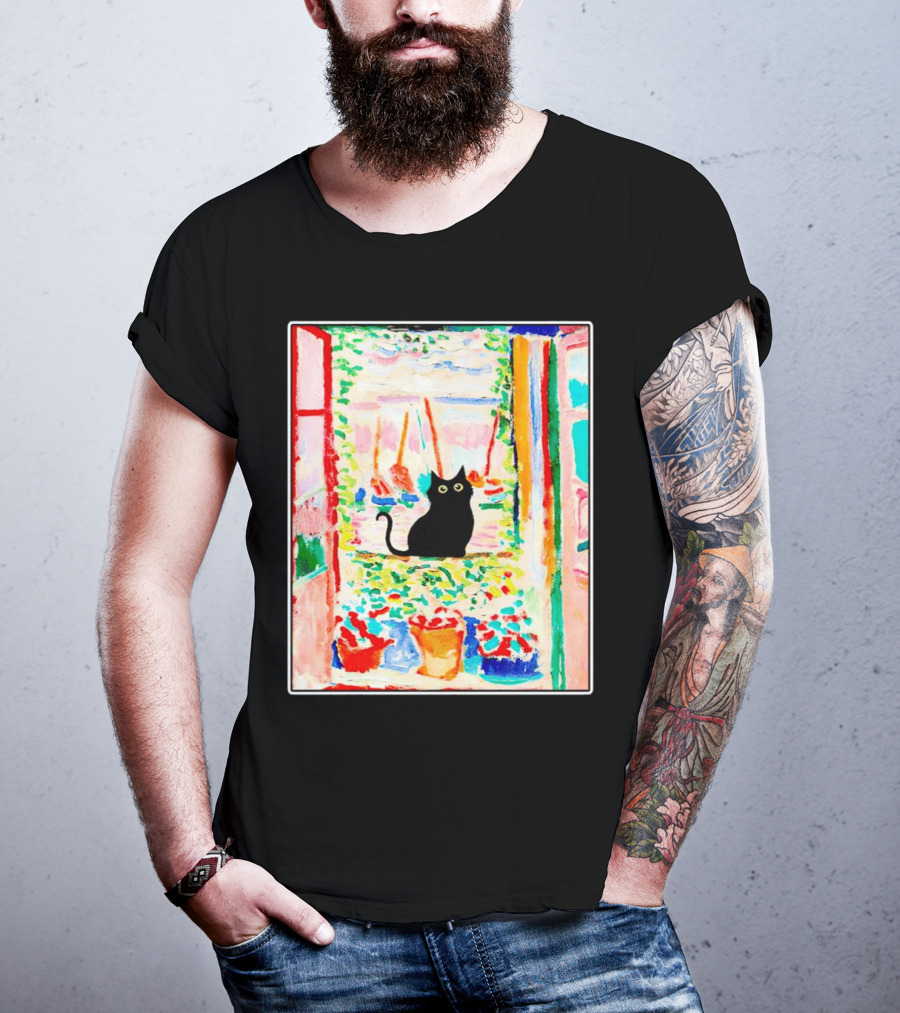 Black Cat In Vibrant Open Window Scene With Colorful T-Shirt