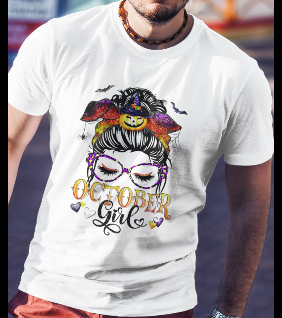 Messy Bun Pumpkin Witch Hat Spider Bats Glasses October Girl Halloween T-Shirt