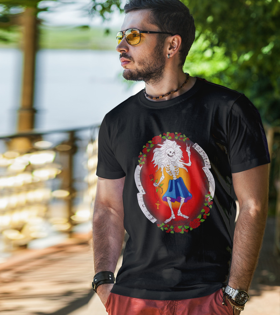 Skeleton Holding Rose With Ankh Surrounded By Roses Halloween Rosebud T-Shirt