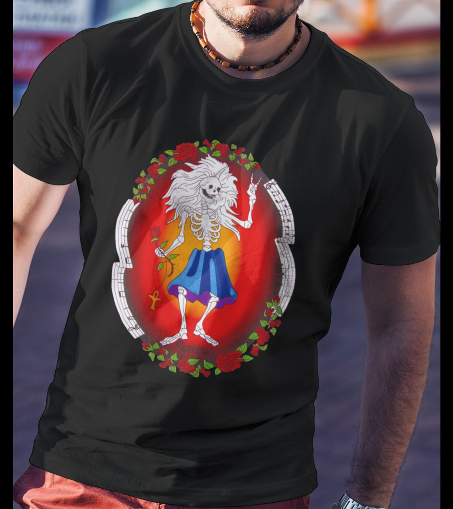 Skeleton Holding Rose With Ankh Surrounded By Roses Halloween Rosebud T-Shirt