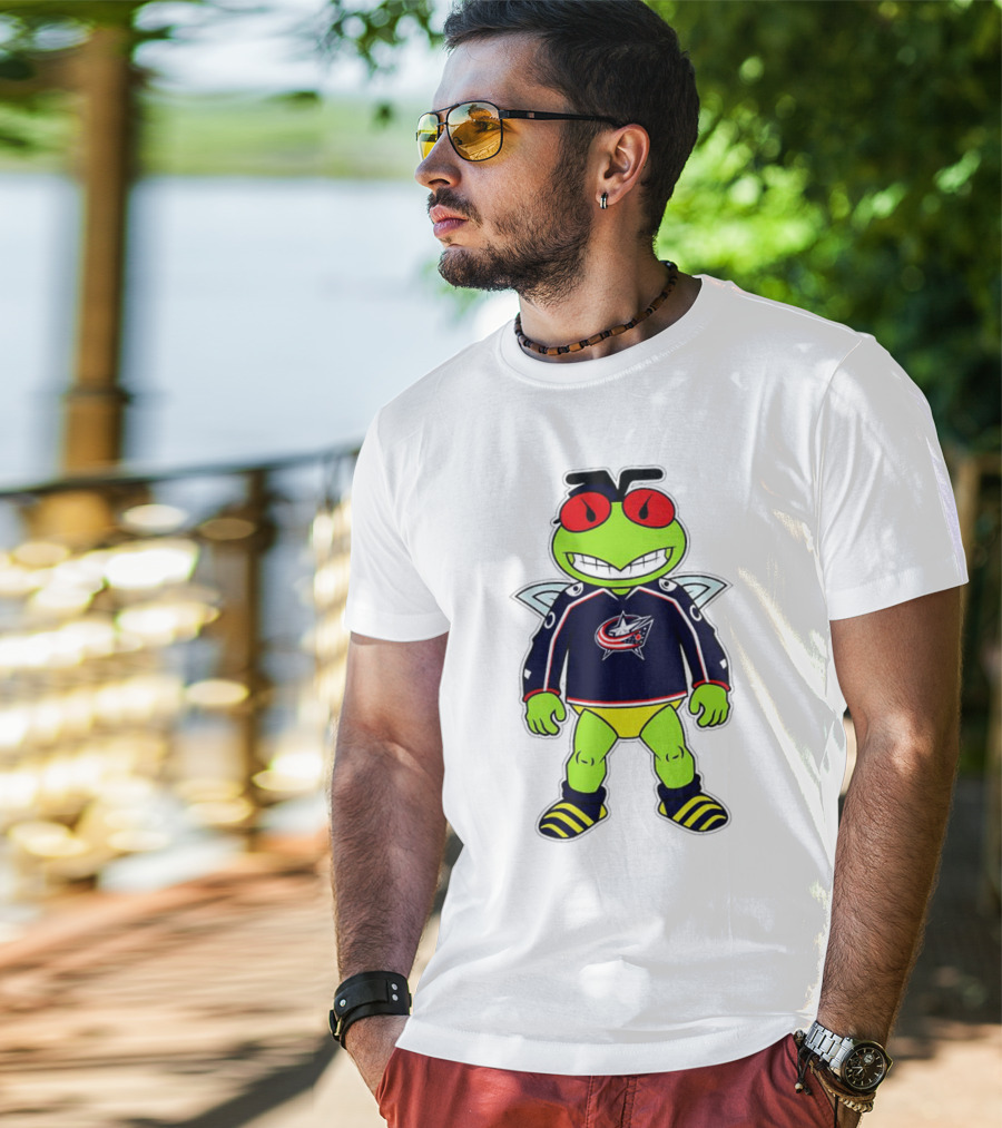 Columbus Blue Jackets Stinger Mascot Character In Team Jersey T-Shirt
