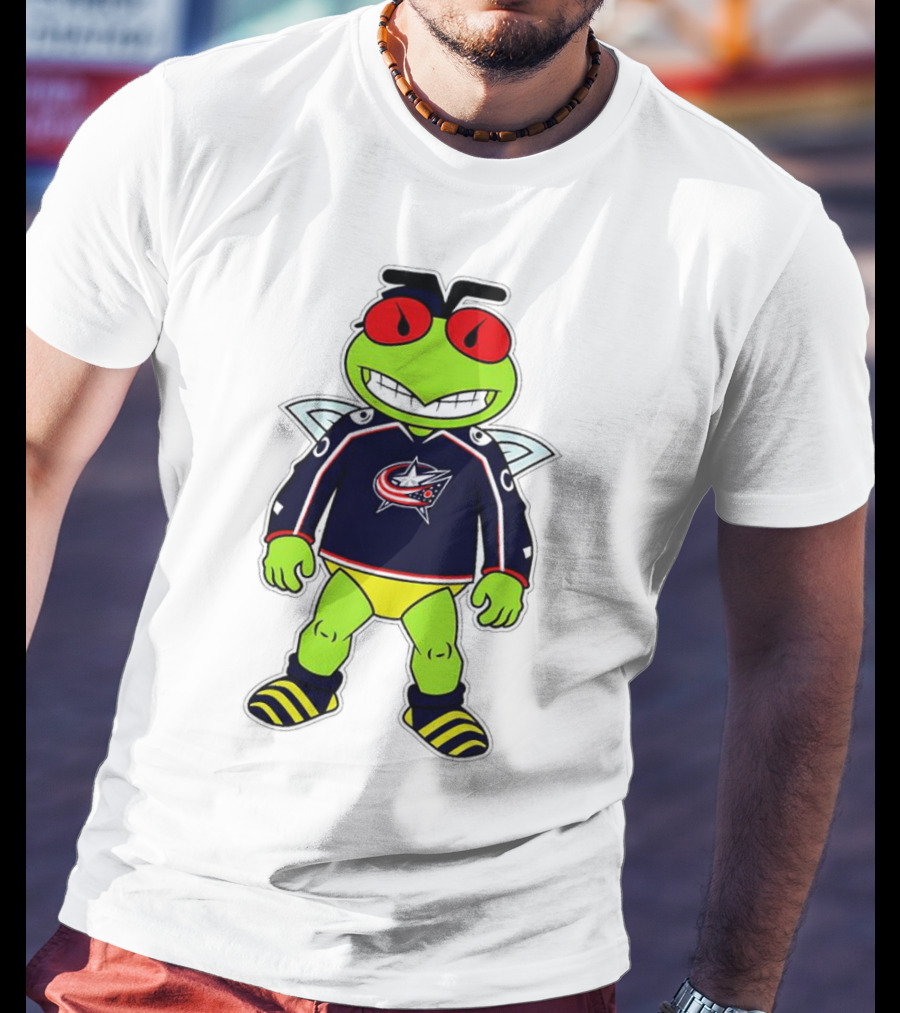 Columbus Blue Jackets Stinger Mascot Character In Team Jersey T-Shirt