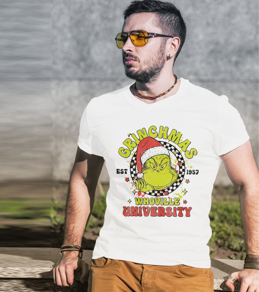 Grinchmas Whoville University Est 1957 Christmas Grinch Santa Hat T-Shirt