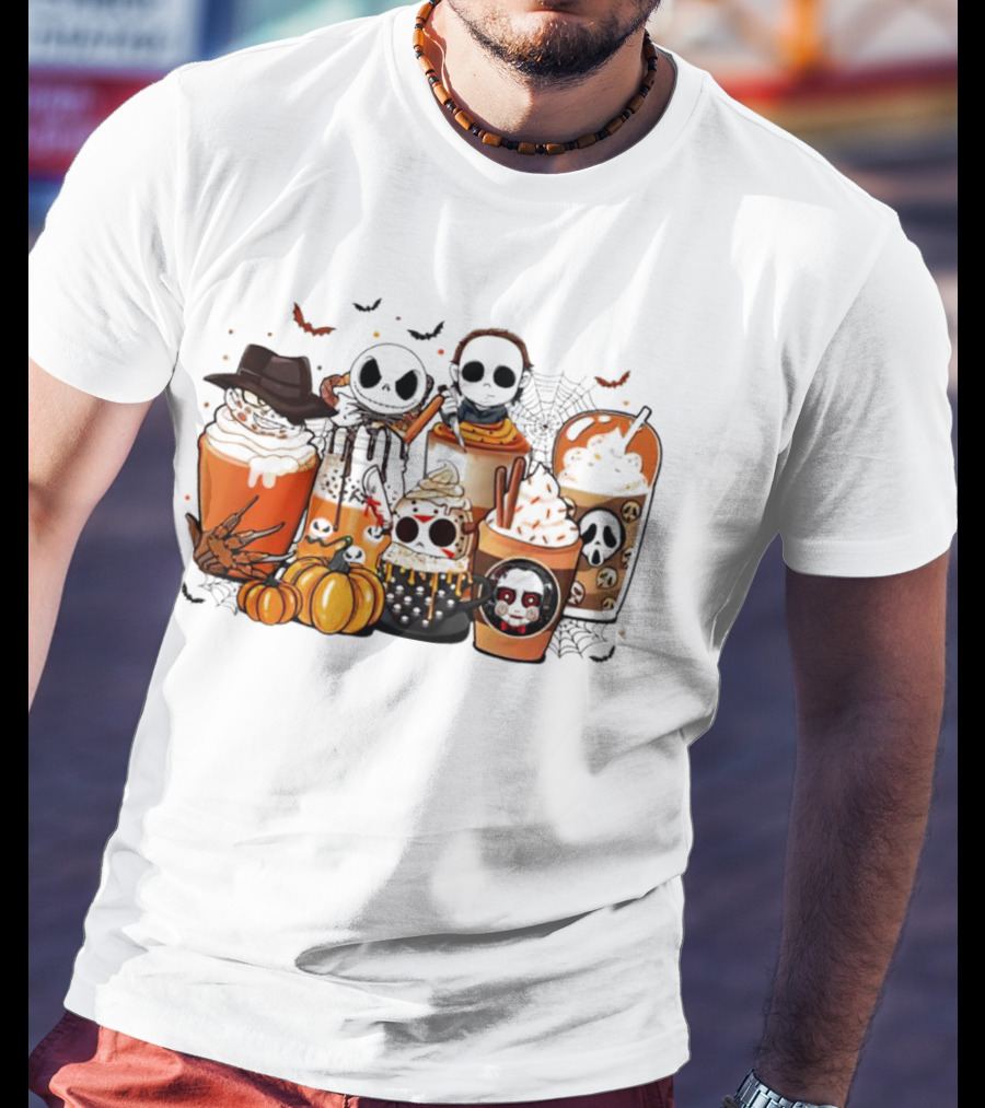 Halloween Cup Horror Funny Character Fall Pumpkin Latte Icons T-Shirt