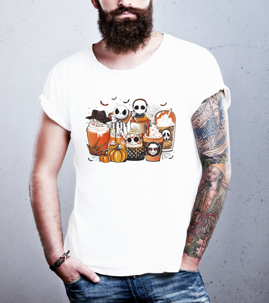 Halloween Cup Horror Funny Character Fall Pumpkin Latte Icons T-Shirt