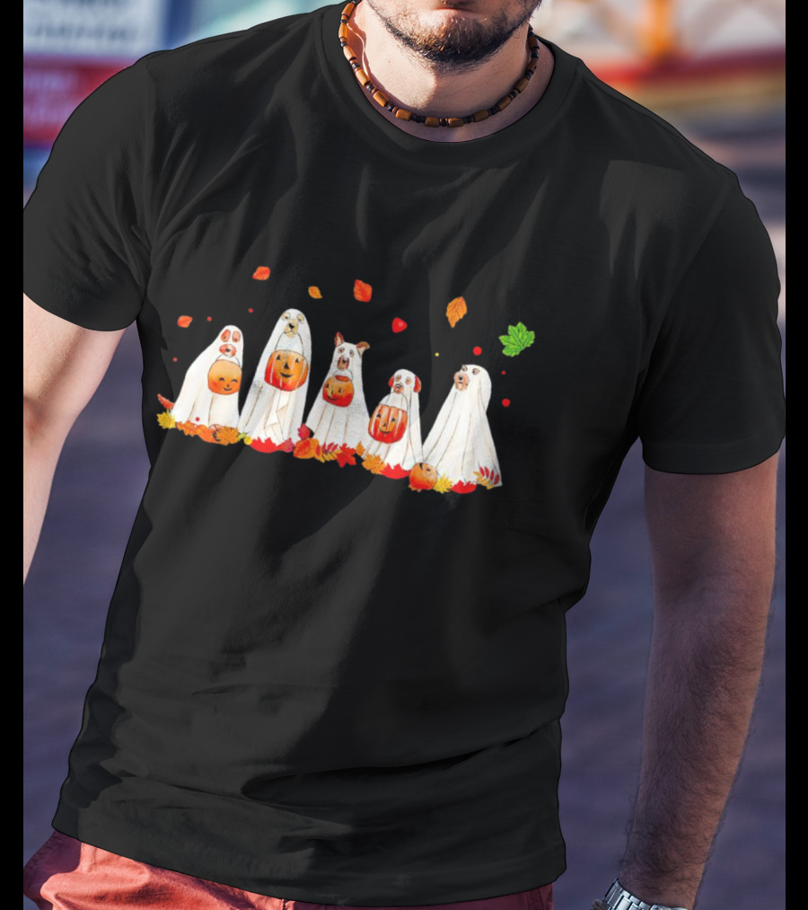 Ghost Dogs Halloween Pumpkin Party With Autumn Leaves T-Shirt