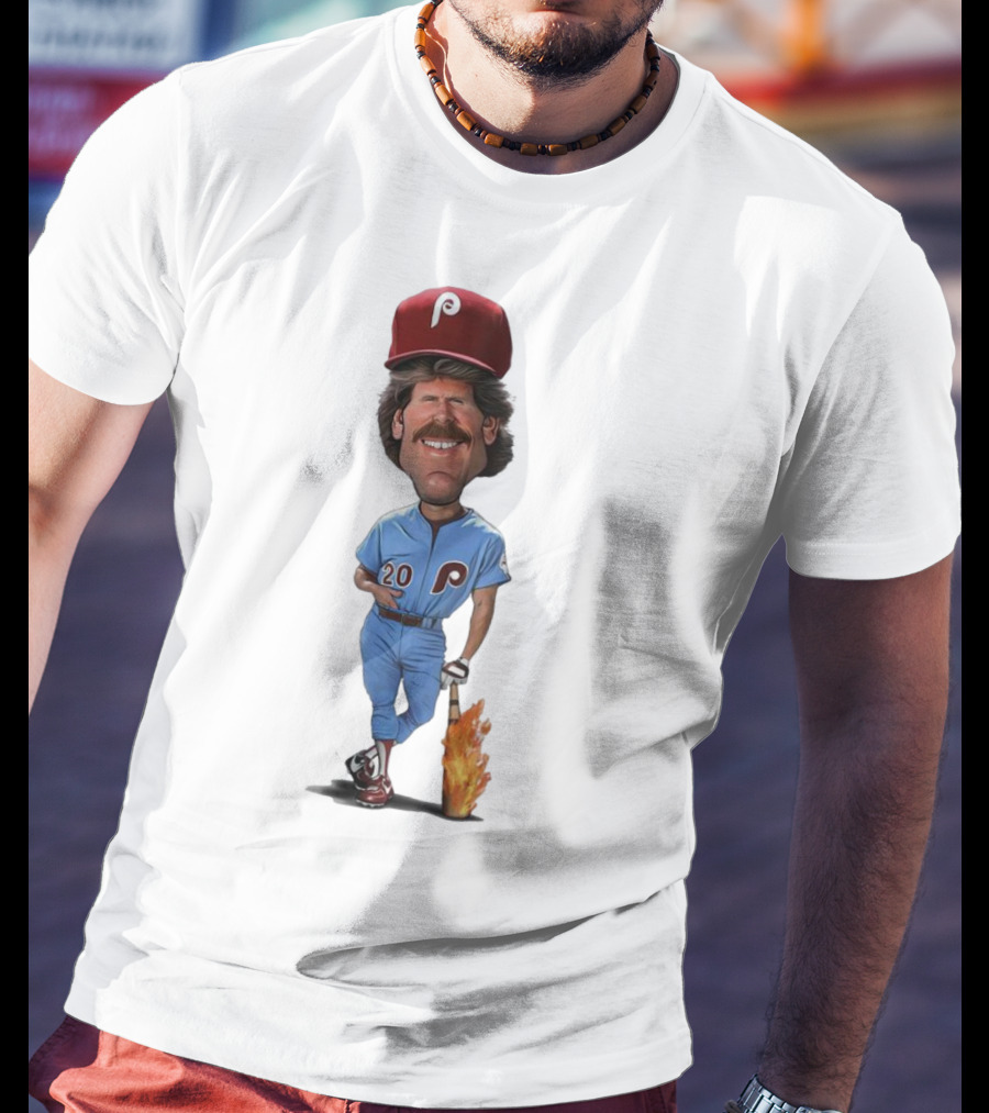 Mike Schmidt Number 20 Philadelphia Phillies Caricature With Flaming Bat T-Shirt