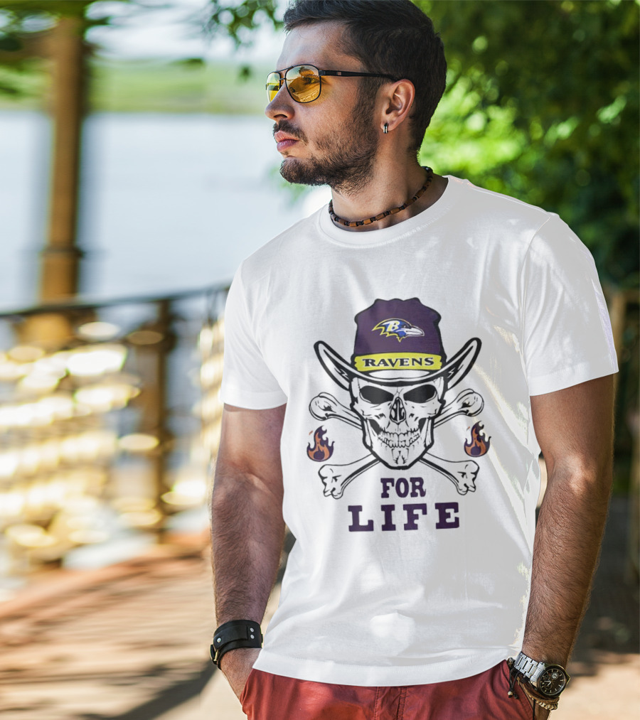 Baltimore Ravens Skull With Flames For Life T-Shirt