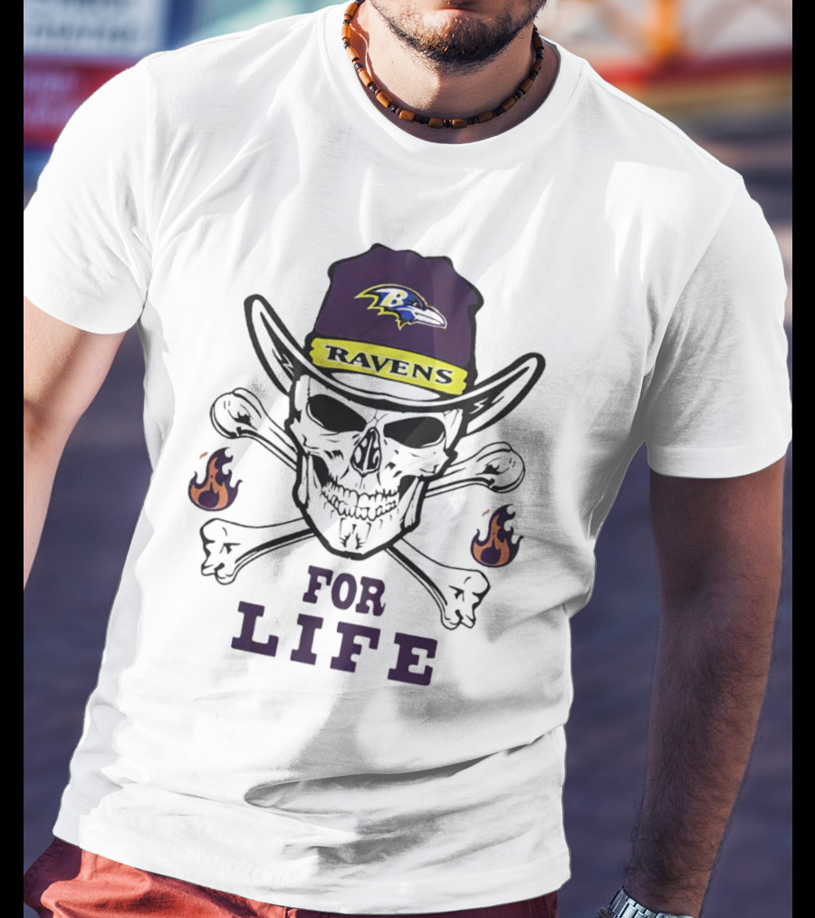 Baltimore Ravens Skull With Flames For Life T-Shirt