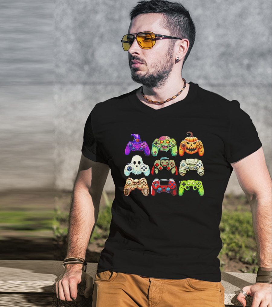 Gaming Skeleton Zombie Ghost Pumpkin Witch Halloween Controller Collection T-Shirt