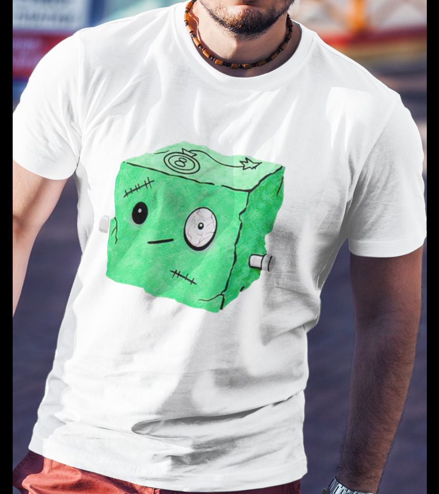 Franken Frankie Eight-Ball Cube Monster Stitched Green Block T-Shirt