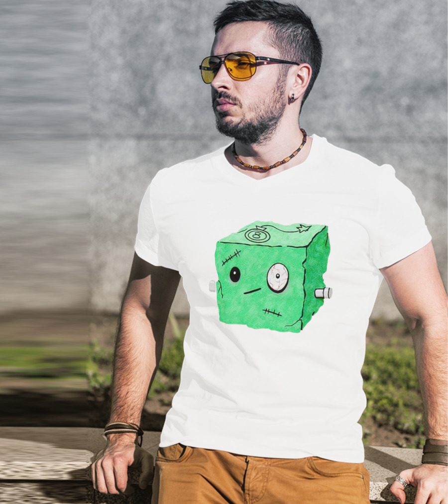 Franken Frankie Eight-Ball Cube Monster Stitched Green Block T-Shirt