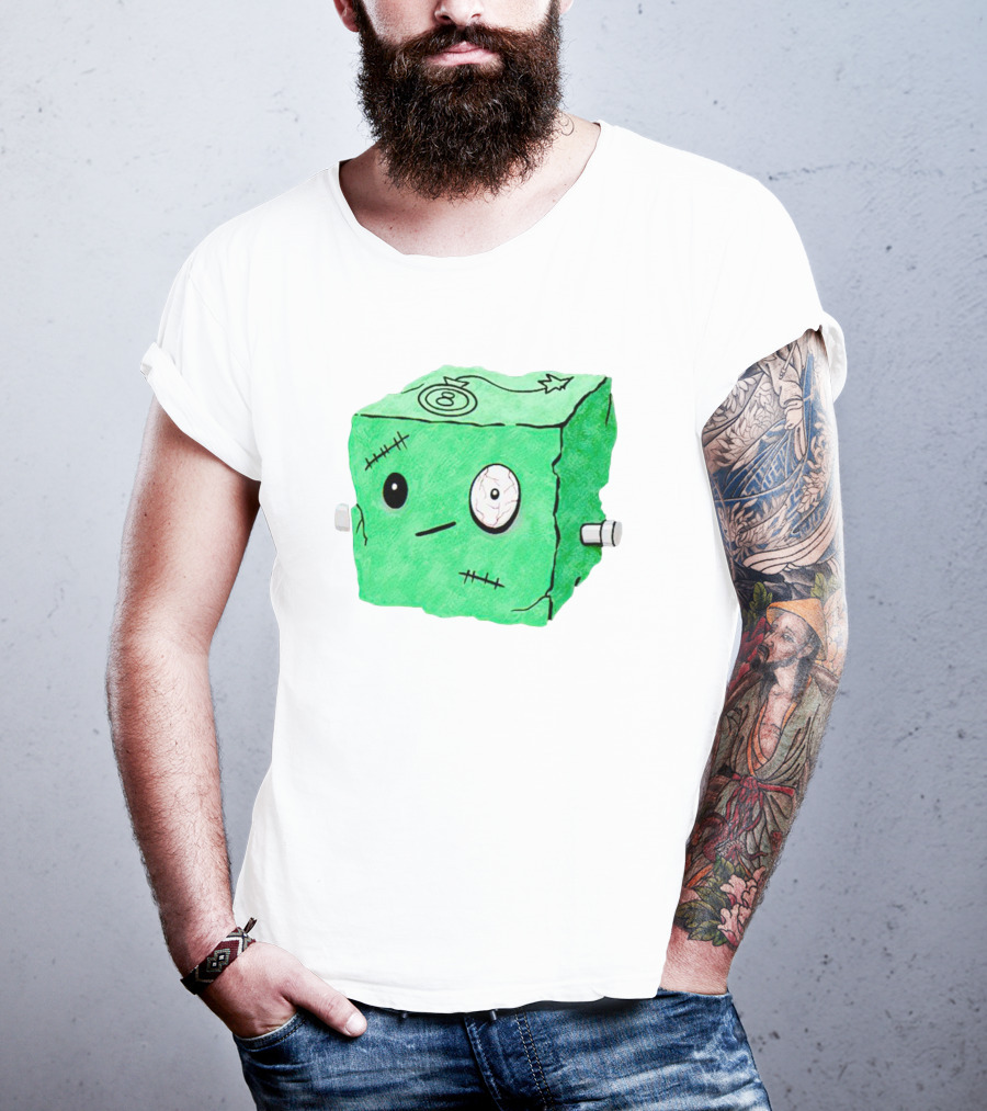 Franken Frankie Eight-Ball Cube Monster Stitched Green Block T-Shirt