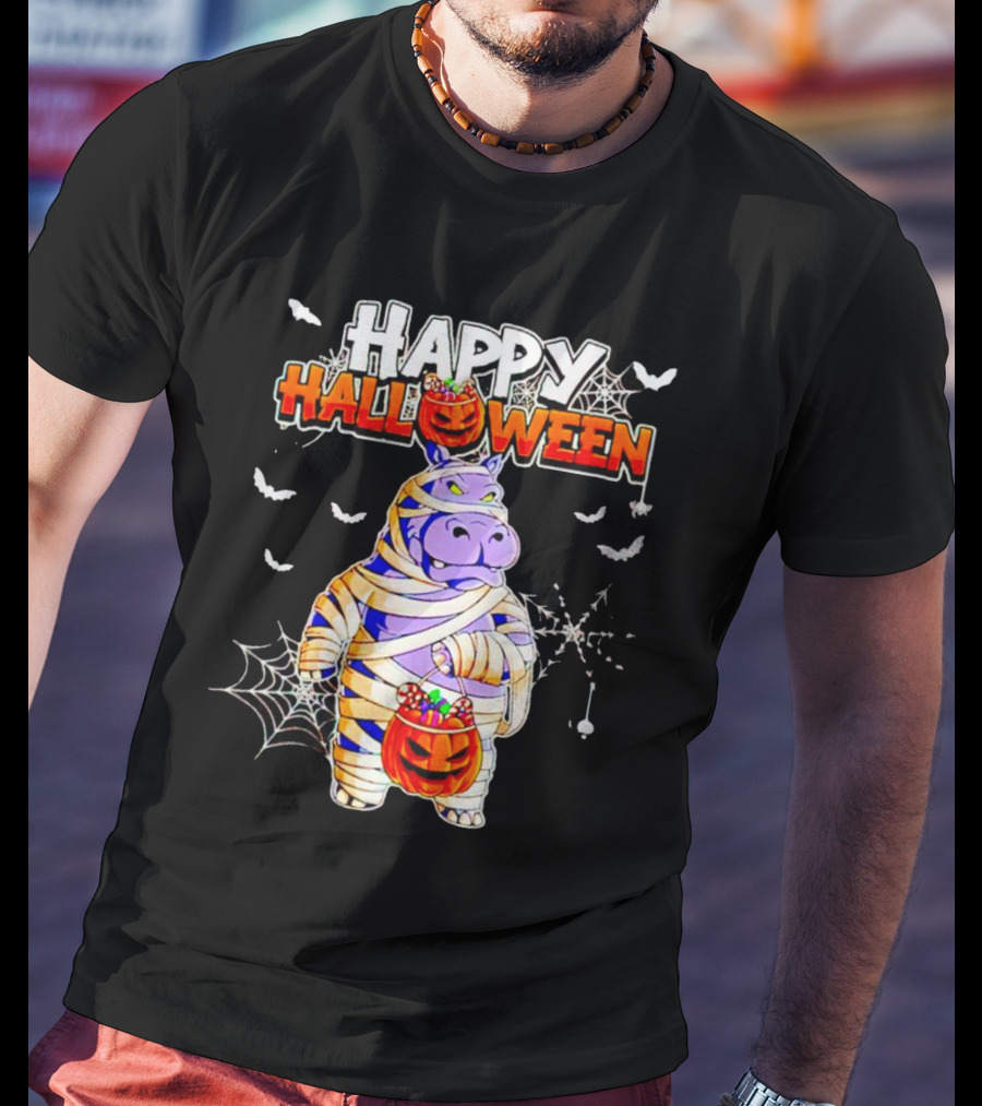 Hippopotamus Mummy With Pumpkin Candy Bucket Happy Halloween T-Shirt