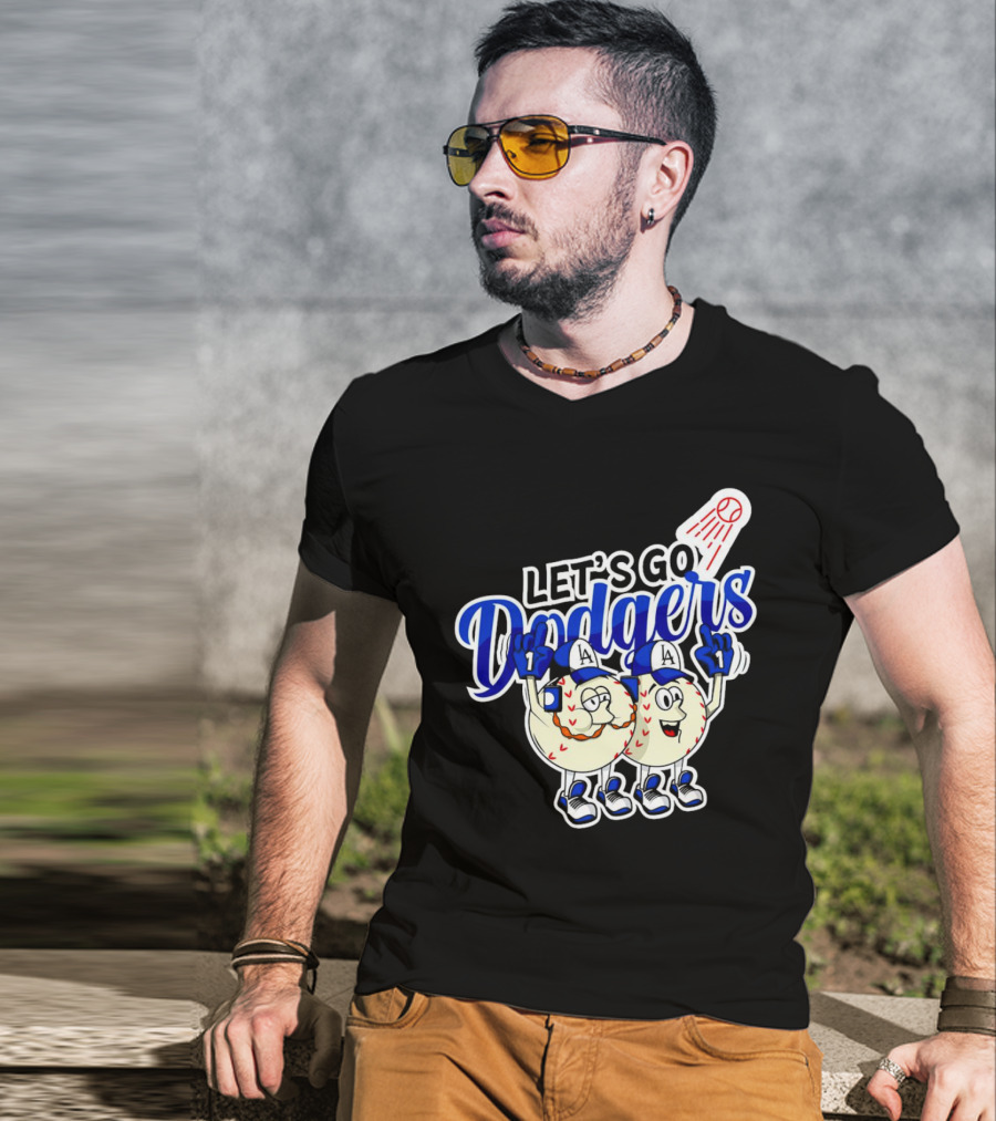 Let's Go Dodgers Baseball With Cartoon Baseballs And Iconic Spotlight T-Shirt