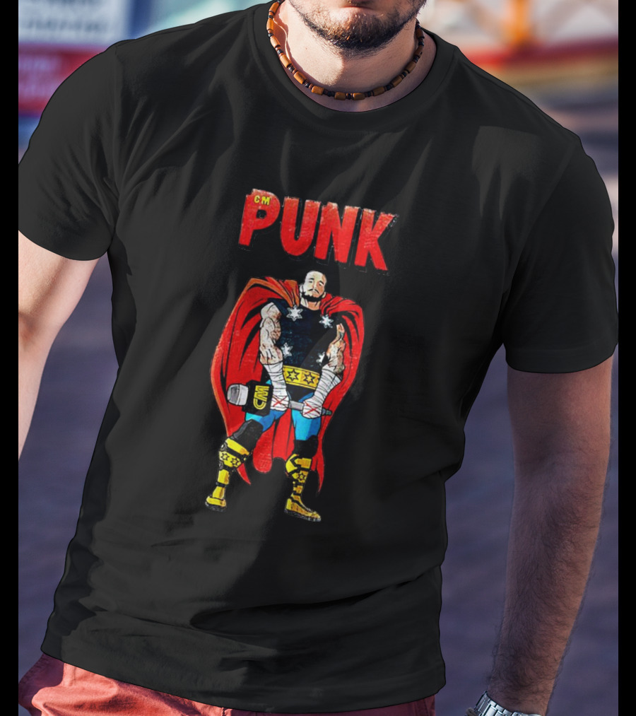 CM Punk Superhero Cape And Thunder Hammer Pose T-Shirt