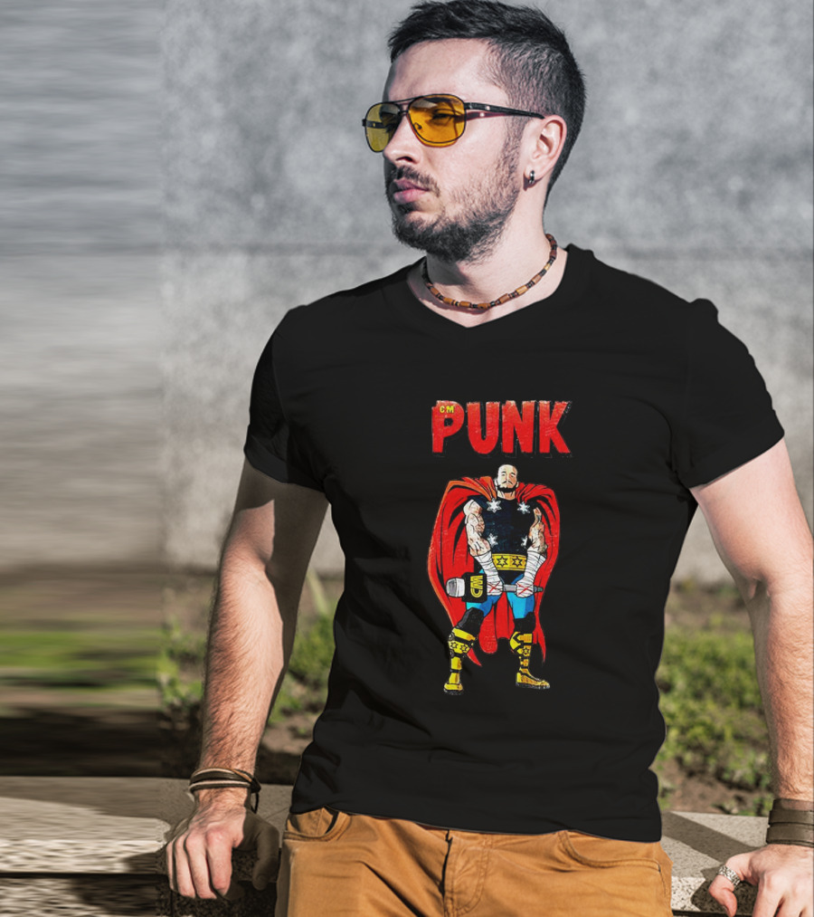 CM Punk Superhero Cape And Thunder Hammer Pose T-Shirt