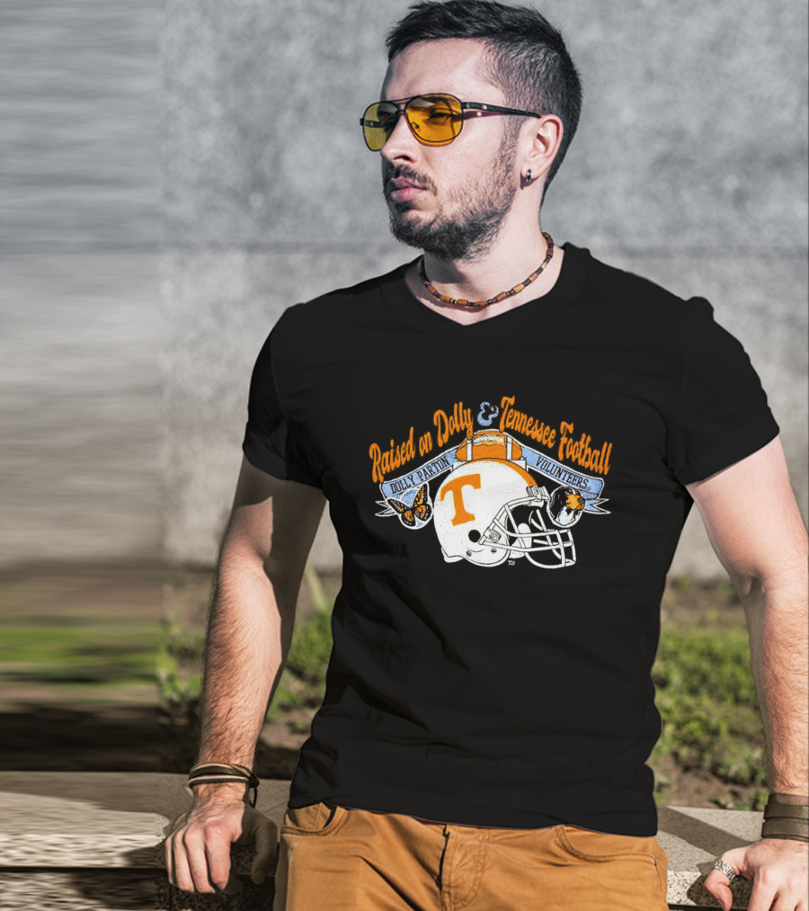 Raised On Dolly Parton And Tennessee Volunteers Football Helmet Butterfly Dog T-Shirt