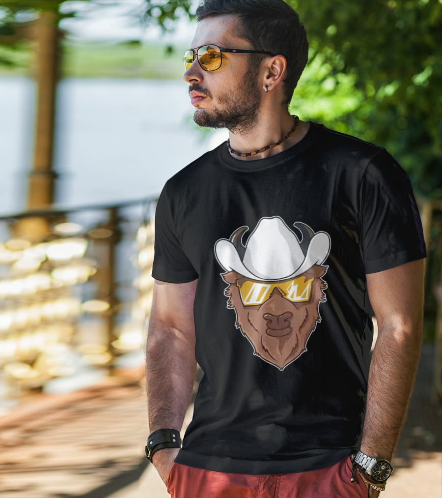 Cartoon Buffalo Wearing Cowboy Hats And Sunglasses T-Shirt