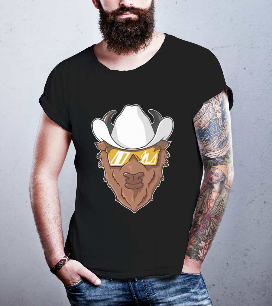 Cartoon Buffalo Wearing Cowboy Hats And Sunglasses T-Shirt