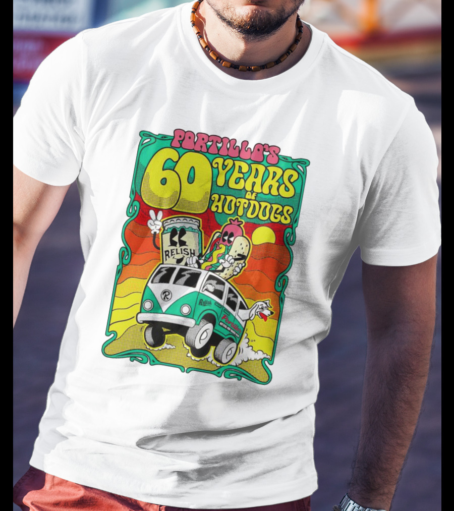 Portillo’s 60 Years Of Hotdogs Relish Relish Road Trip Cartoon Van Adventure T-Shirt