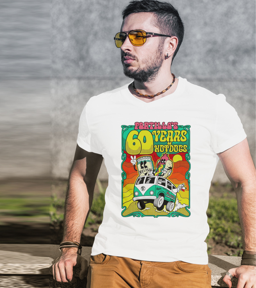 Portillo’s 60 Years Of Hotdogs Relish Relish Road Trip Cartoon Van Adventure T-Shirt