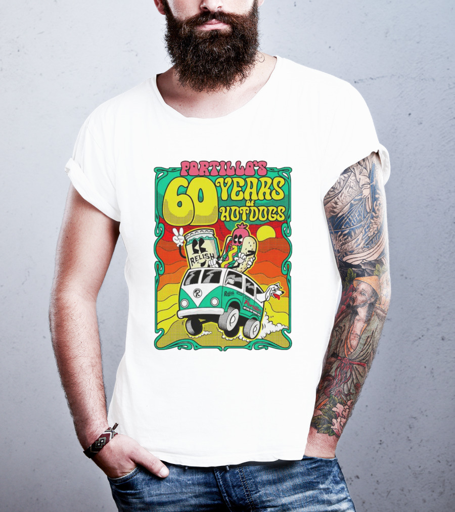 Portillo’s 60 Years Of Hotdogs Relish Relish Road Trip Cartoon Van Adventure T-Shirt