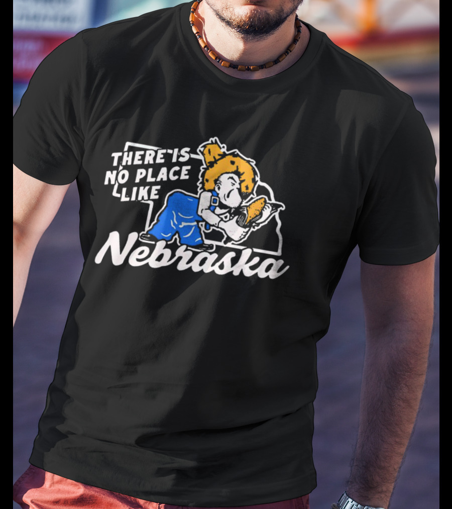 There Is No Place Like Nebraska Cornhuskers Farmer Mascot Eating Corn T-Shirt