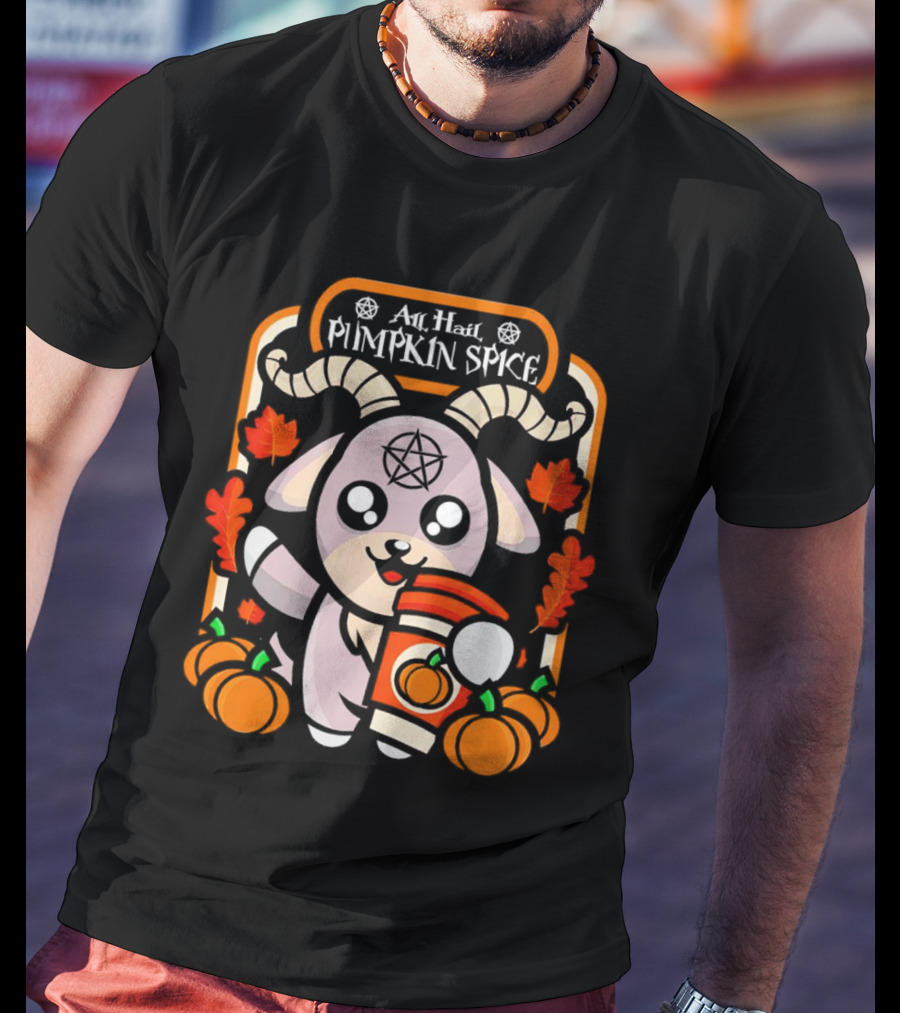 All Hail Pumpkin Spice Halloween Goat With Coffee, Pumpkins, And Pentagram T-Shirt