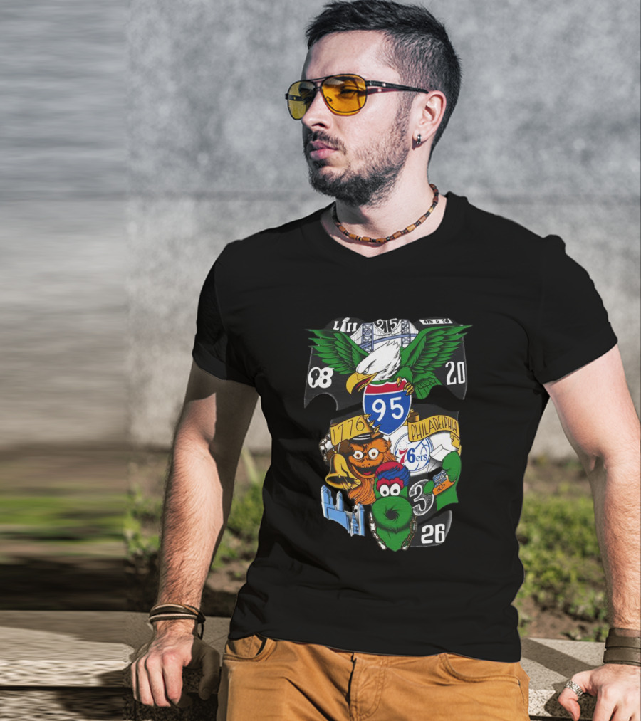 Philadelphia 76ers Eagles 76ers Mascots 1776 I-95 LIII 93 20 3 26 T-Shirt