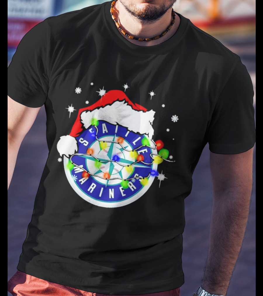 Santa Hat Seattle Mariners Christmas Lights Snowflakes T-Shirt