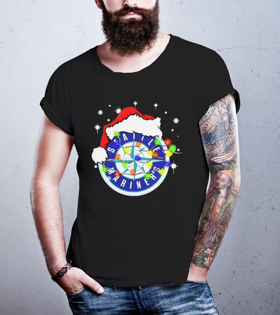Santa Hat Seattle Mariners Christmas Lights Snowflakes T-Shirt
