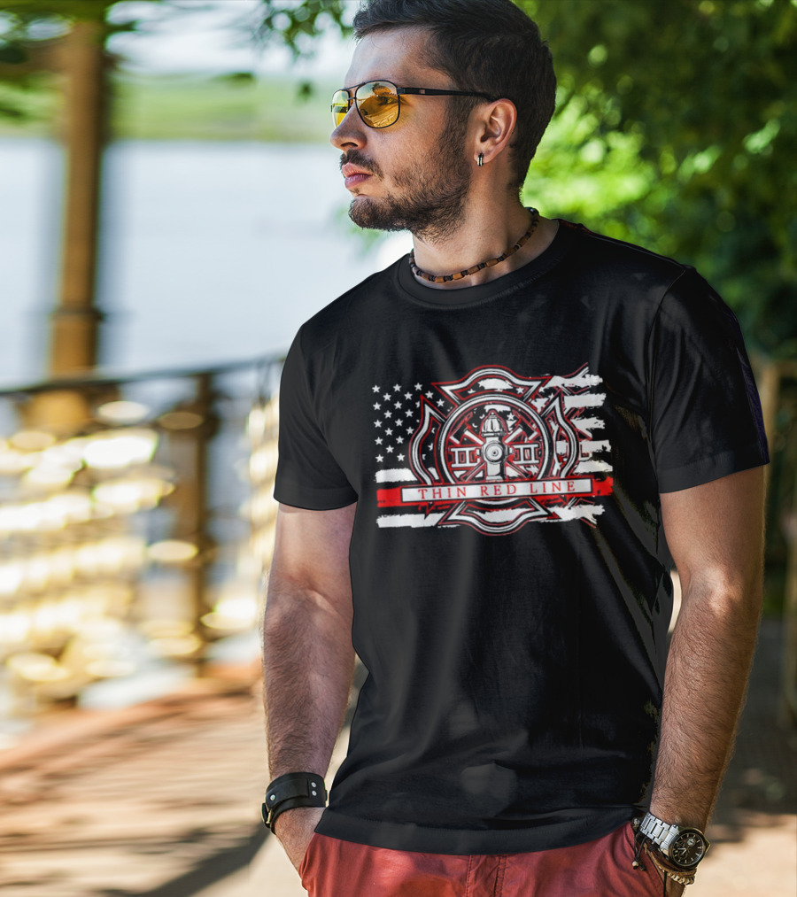 Thin Red Line USA Flag Firefighter Maltese Cross Hydrant T-Shirt