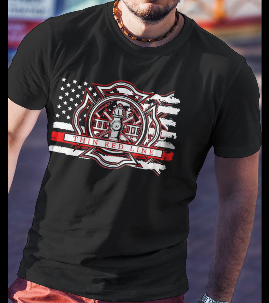 Thin Red Line USA Flag Firefighter Maltese Cross Hydrant T-Shirt