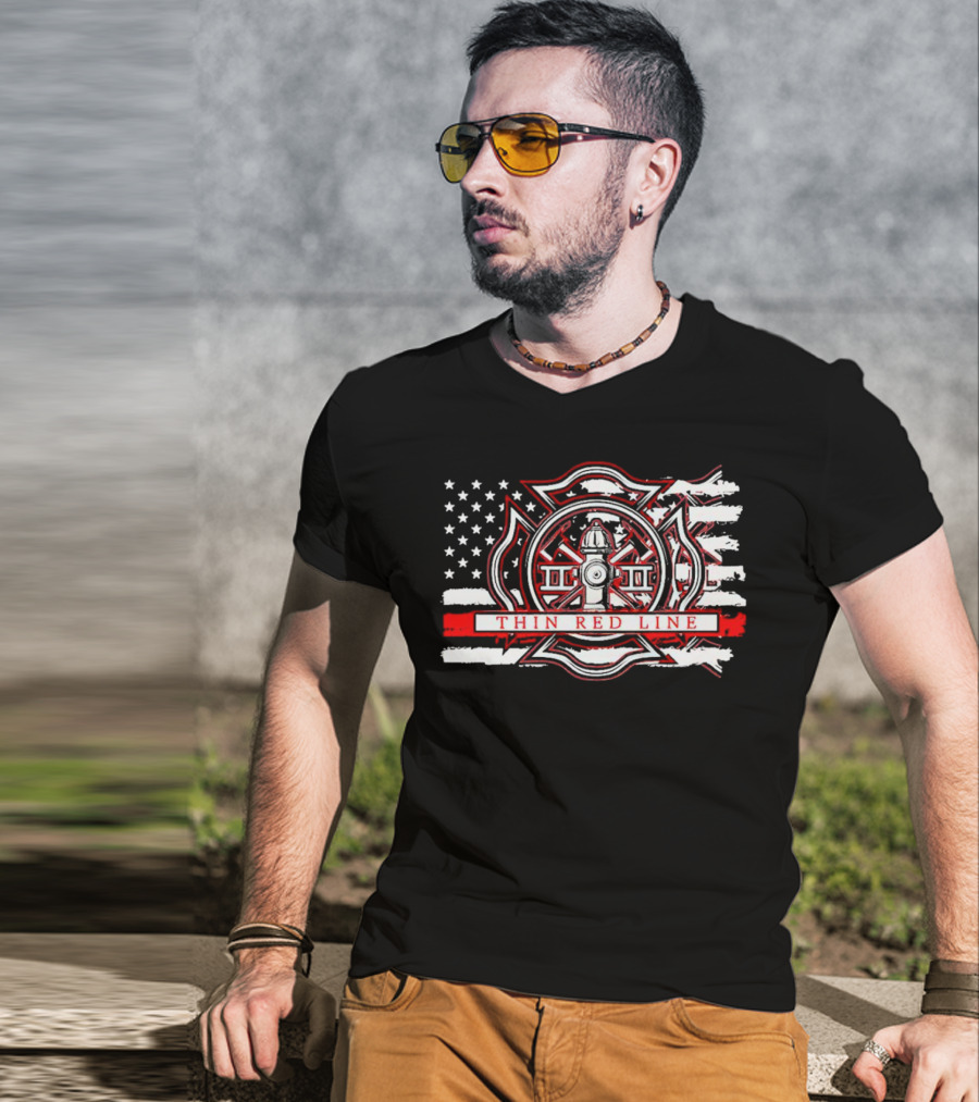 Thin Red Line USA Flag Firefighter Maltese Cross Hydrant T-Shirt