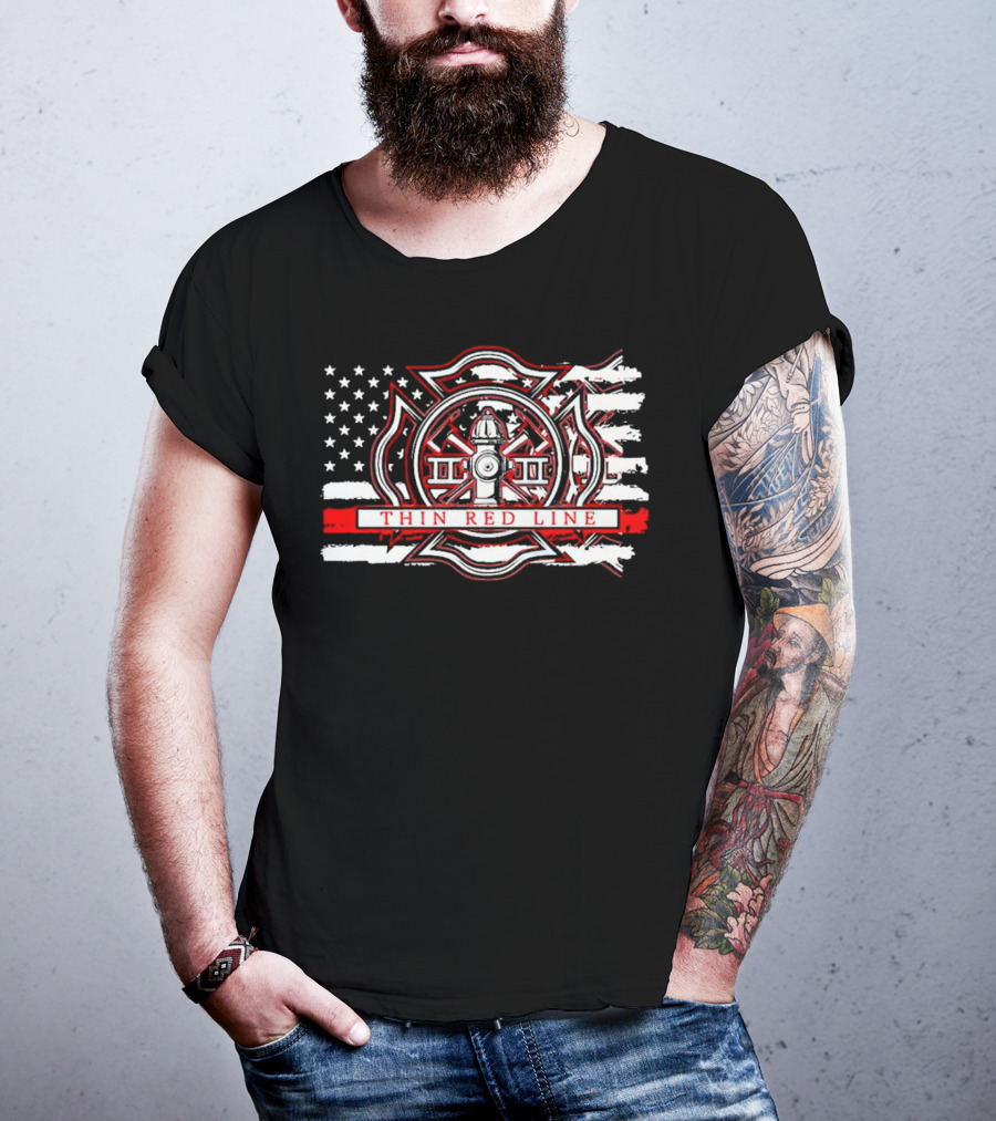 Thin Red Line USA Flag Firefighter Maltese Cross Hydrant T-Shirt