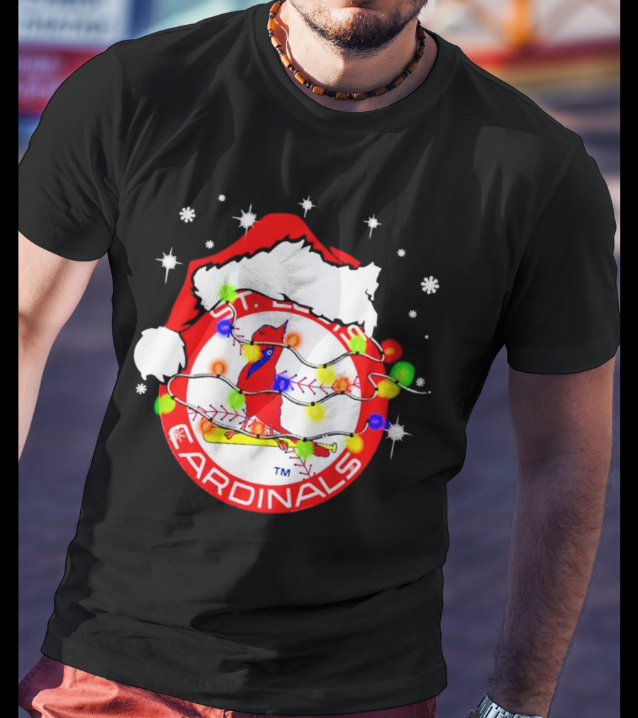 Santa Hat St. Louis Cardinals Christmas Lights Holiday T-Shirt