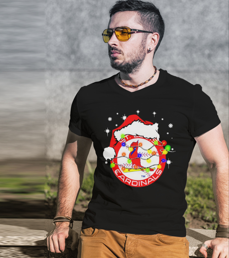 Santa Hat St. Louis Cardinals Christmas Lights Holiday T-Shirt