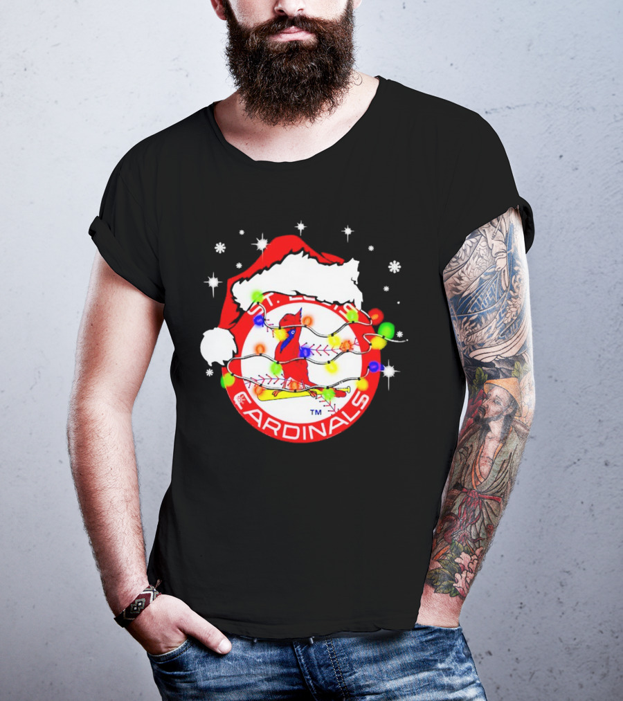 Santa Hat St. Louis Cardinals Christmas Lights Holiday T-Shirt