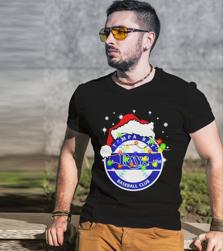 Tampa Bay Rays Baseball Club Santa Hat Christmas Lights T-Shirt