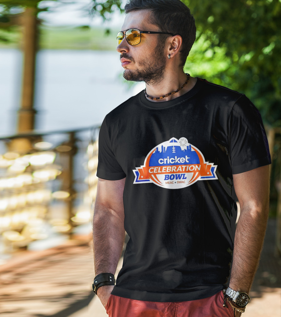 Cricket Celebration Bowl MEAC SWAC Logo With City Skyline And Football Field Symbols T-Shirt