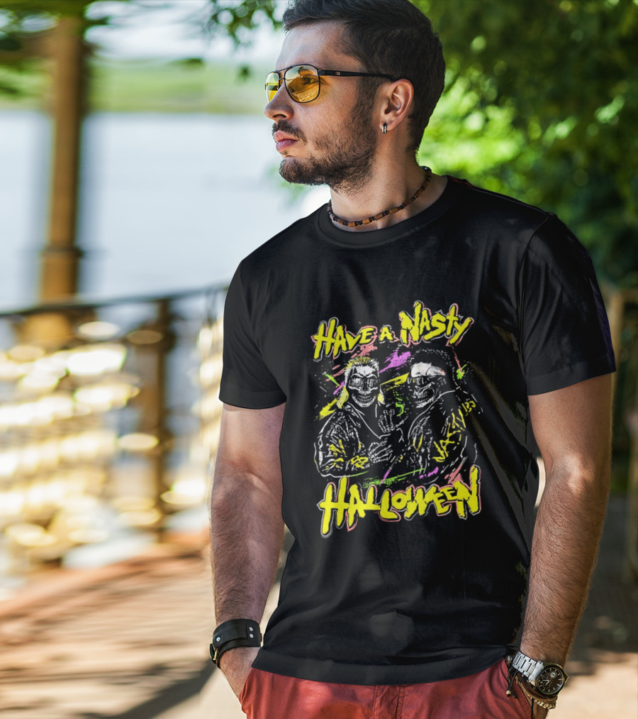 Have A Nasty Halloween Skeleton Warriors Vibrant Neon T-Shirt
