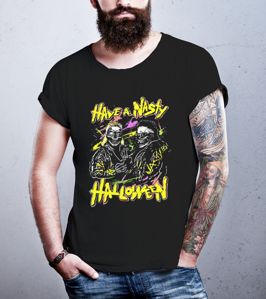 Have A Nasty Halloween Skeleton Warriors Vibrant Neon T-Shirt