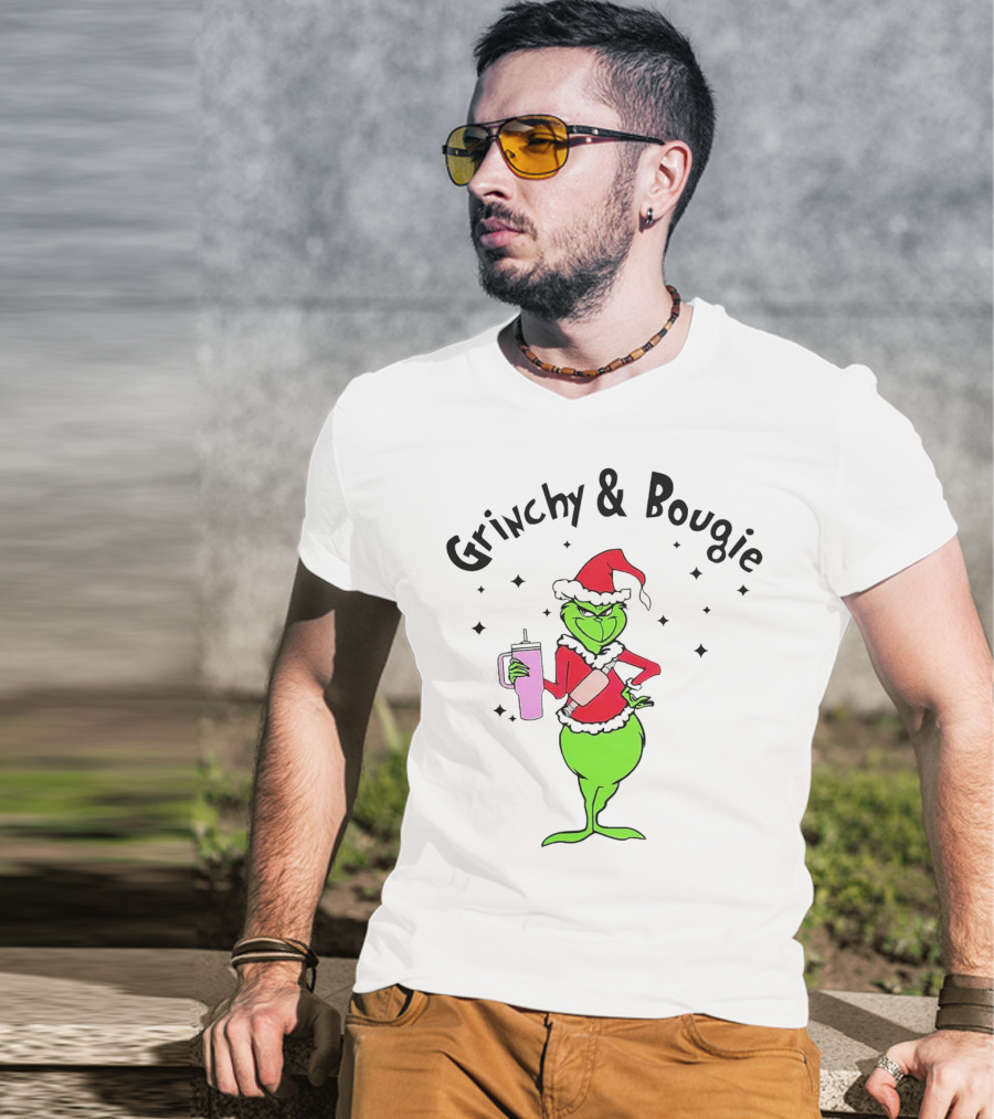 Grinchy And Bougie Santa With Pink Tumbler T-Shirt